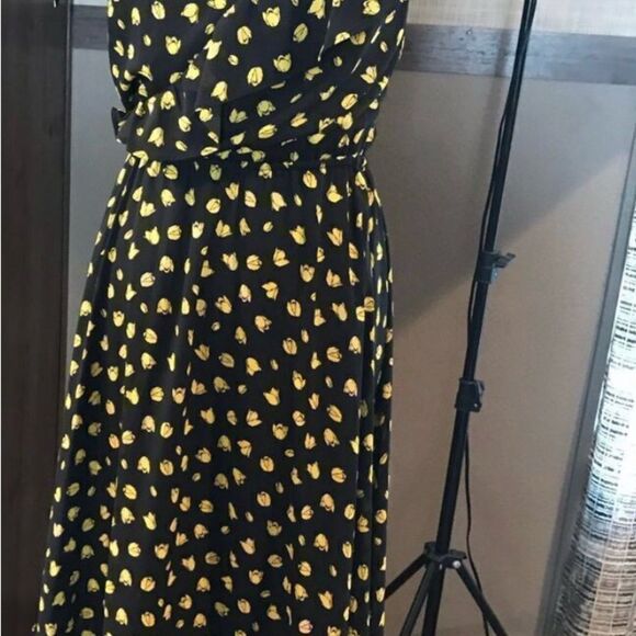 Who What Wear Yellow Black Ruffled Wrap Midi Dress - Picture 9 of 12